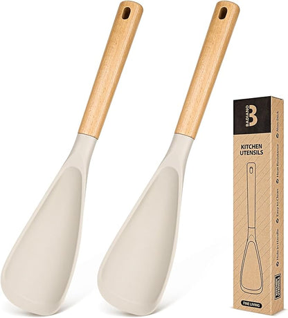 Cooking Spoon for Nonstick Cookwares, Great for Cooking and Serving Sturdy BPA-Free Matte Silicone, Wood Handle Spoon for Mixing, Scoop, and Scrape (2 Pack of Khaki, 13.4 inch)