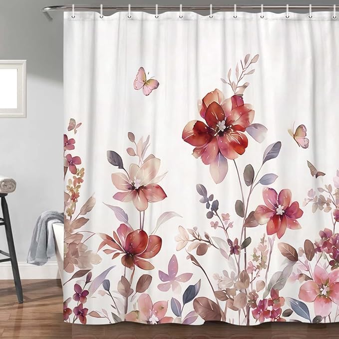 Red Floral Shower Curtain, Red Lavender Floral Butterfly Boho Shower Curtains for Bathroom, Farmhous Flower Cute Fabric Shower Curtain Set with 12PCS Hooks, 36X70IN