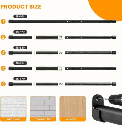 Oval Closet Rod for Hanging Clothes Adjustable Closet Rods 18 to 87 Inch Heavy Duty Black Poles Bar Closet Rod Expandable for Wardrobes Laundry RV