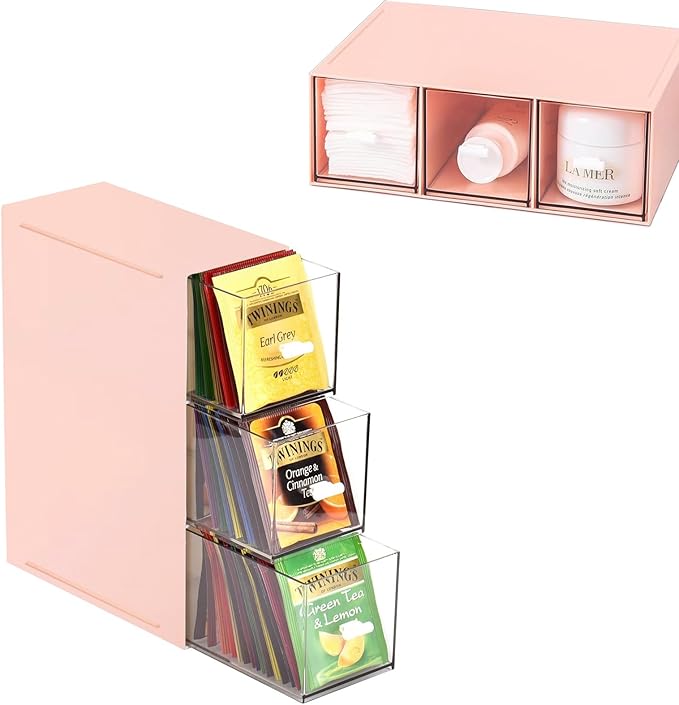 Plastic Clear Tea Box, Tea Bag Organizer with 3 Drawers, Stackable Storage Drawers, Makeup Organizer, Stackable Tea Bag Storage for Sugar Sachets, Coffee, Cosmetic, Jewelry, Bathroom Organization