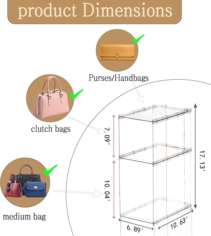 Purse Organizer for Closet, Purse Storage Box a Single Stacked Unit, Clear Acrylic Display Case for Handbag Organizer, Plastic Storage Bins for Toy, Book, Collectibles, Cosmetic