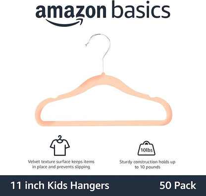 Amazon Basics Kids Velvet, Non-Slip Clothes Hangers for Infant and Toddler, 11.6 in (for baby clothes), Pack of 50, Blush