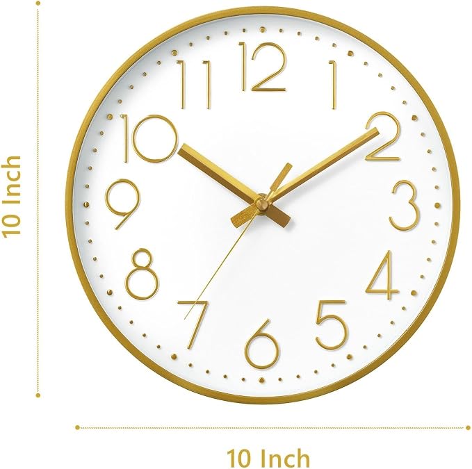DAXSMY Wall Clock - 10 Inch Silent Non-Ticking Modern 3D Wall Clocks Battery Operated - Decorative Clock for Kitchen, Home Office, Bathroom, Bedroom(Gold)
