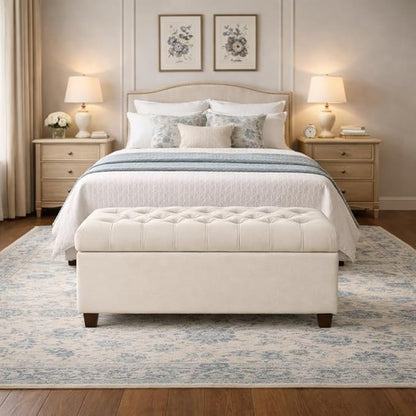 Homepop Home Decor | Tufted Ainsley Button Storage Ottoman Bench with Hinged Lid | Ottoman Bench with Storage for Living Room & Bedroom, Soft Cream, Textured Neutral