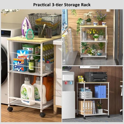 ThreeHio Rolling Kitchen Microwave Cart, 3 Tier Microwave Table Stand with Storage, Kitchen Utility Cart on Lockable Wheels, Small Coffee Station Shelf Rack Organizer for Living Room Office, Balcony