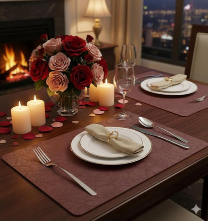 SolaraDawn Faux Leather Placemats Set of 4 Dark Burgundy for Christmas & Valentine's Day, 17" × 12" Waterproof & Heat-Resistant Dining Place Mats, Easy Wash Clean, Wipeable & Anti-Slip Table Mats