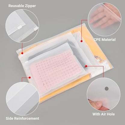 Frosted Zipper Bags for Clothes, 9.8x7.8 inch Resealable Plastic Mailers, 50Pcs Bikini Bags with Slider Closure for Swimsuit, Bathing Suit, T Shirt Packaging, 3 Mil Thick with Vent Holes