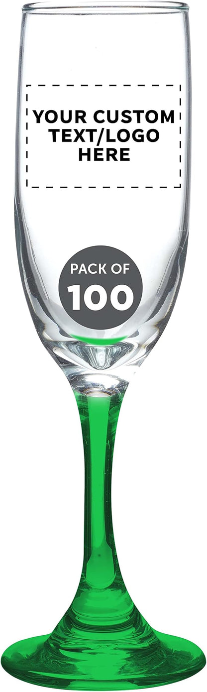 DISCOUNT PROMOS Custom Premiere Champagne Flutes 6.25 oz. Set of 100, Personalized Bulk Pack - Elegant Drinkware for Weddings, Events, & Promotional Gifts - Green