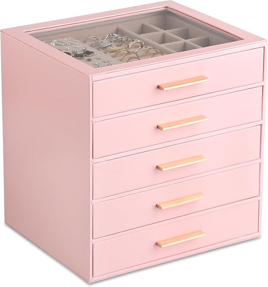 Frebeauty Clear Lid Jewelry Box,5-Layer Jewelry Organizer with Drawer,PU Leather Jewelry Organizers and Storage,Jewelry Boxes for Women,Jewelry Storage for Rings Earring Stud,Gift for Women(Pink)