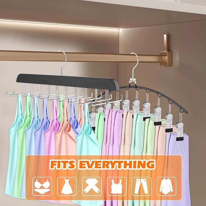 2 Pack Legging Organizer & Bra Hanger, Space Saving Underwear and Pants Storage Hangers max Holding 30 Clothes, Multipurpose Hangers for Shorts,Hats(Color:Black+Silver)