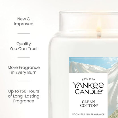 Yankee Candle Clean Cotton, Scented Candle, 22oz Large Jar with up to 150 Hour Burn Time, Giftable, Birthdays