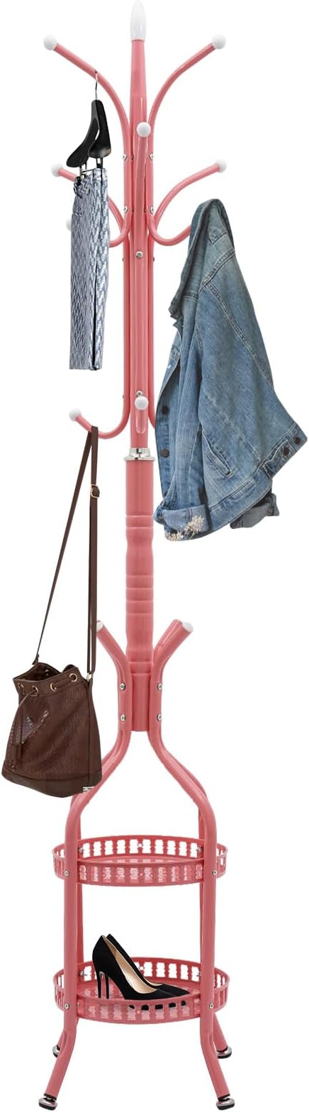 72.8in Coat Rack Freestanding 12 Hooks Coat Tree with Umbrella Holder Metal Modern Coat Hanger Stand for Entryway, Purse Rack Hat Rack Stand for Living Room Bedroom Office (Pink)