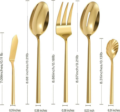 Kelenfer Silverware 65-Piece Gold Flatware Set with Serving Utensils Stainless Steel Thick Heavy Mirror Polished Cutlery Set for Wedding Hotel Restaurant, Service for 12