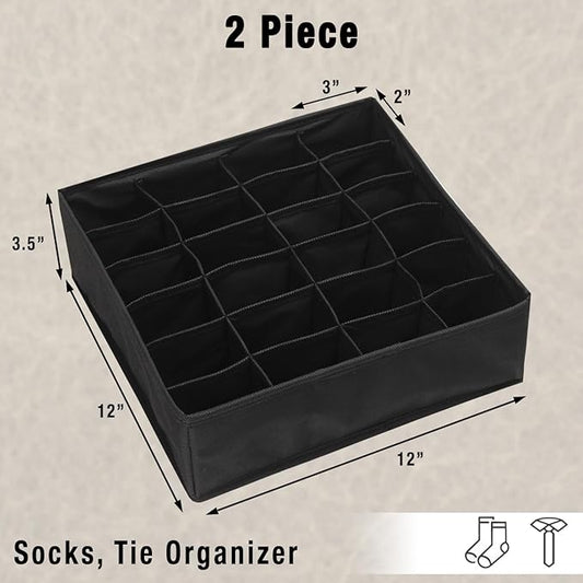 Simple Houseware 2 Pack Closet Sock Organizer, 24 Cell Drawer Divider, Black