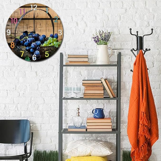 Blueberries Wall Clock 10 Inch Wooden Battery Operated Autumn Forest Maple Leaves Wall Clocks Decorative Indoor,Decorative for Kitchen Bathroom Bedroom