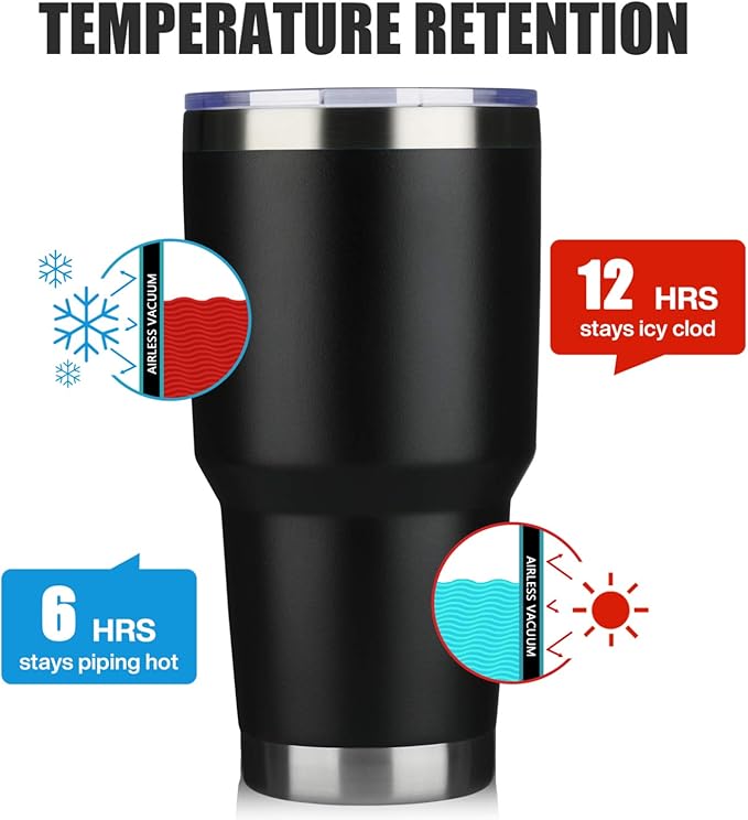 MEWAY 30oz Insulated Tumbler With Lids and Straws,Stainless Steel Double Vacuum Coffee Tumbler Cup, Brush, Durable Powder Coated Coffee Cup for Cold & Hot Drinks, Office, Travel(Black,12 PACK)