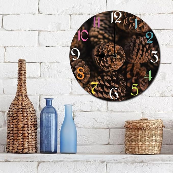Pinecone Wall Clock 10 Inch Wooden Battery Operated Autumn Forest Maple Leaves Wall Clocks Decorative Indoor,Decorative for Kitchen Bathroom Bedroom