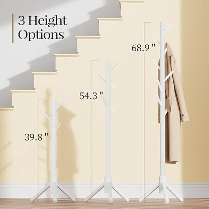 Pipishell Solid Wooden Coat Rack Freestanding, Hall Tree with 8 Hooks, 3 Height Options for Coats, Hats, Handbags, and Scarves, Tool-Free Assembly, Space Saving Design for Entryway, Office, Bedroom