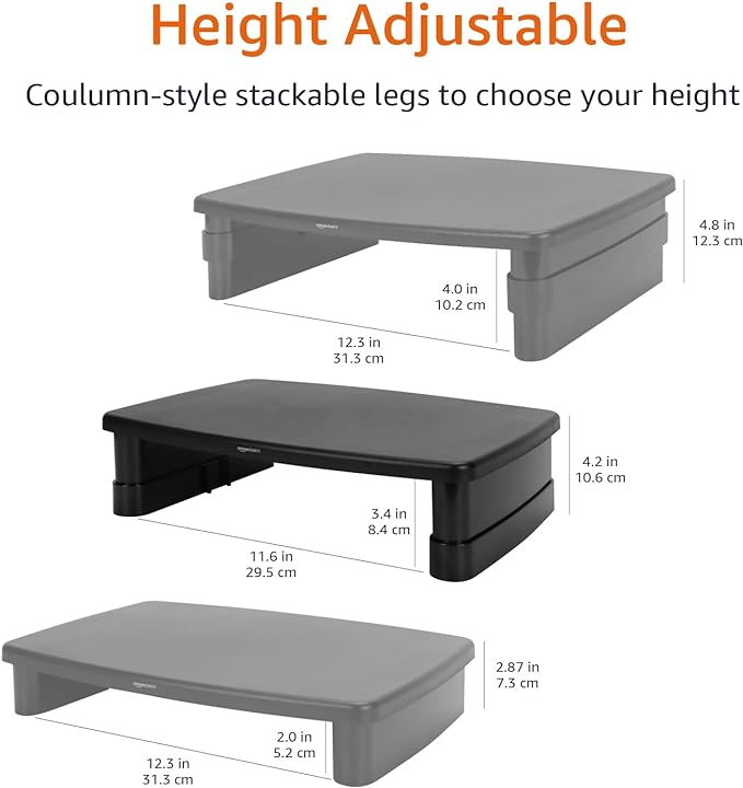 Amazon Basics Height Adjustable Monitor Stand Riser with Storage Organizer, 3-Level Stackable Design, Durable ABS Plastic, Supports up to 22lbs, for Monitors & Laptops, Black