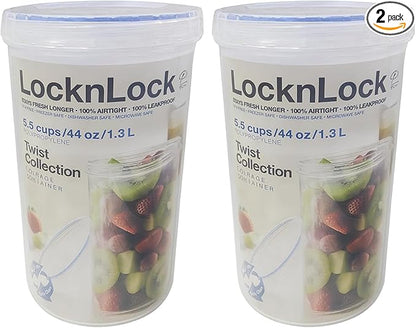 LocknLock Easy Essentials Twist Food Storage lids/Airtight containers, BPA Free, Tall-44 oz-for Pasta, Clear (Pack of 2)