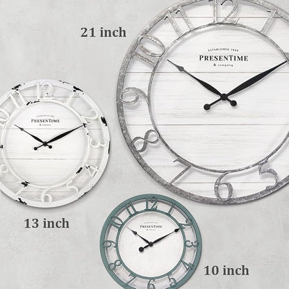 Presentime & Co 21" Farmhouse Series Wall Clock, Shiplap Style, Raised 3D Arabic Numeral, Galvanized Finish. Wall Décor for Living Room, Dining Room, and Entryway.