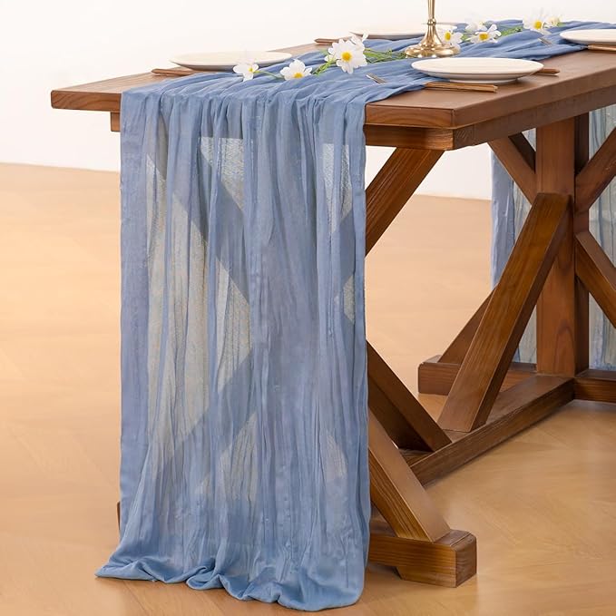 Socomi 3pcs Dusty Blue Valentine's Day Cheesecloth Table Runner Boho Rustic Gauze 120 inch 10FT Cheese Cloth Runner for Wedding Party Baby Shower Birthday Home Decor Holiday Decorations