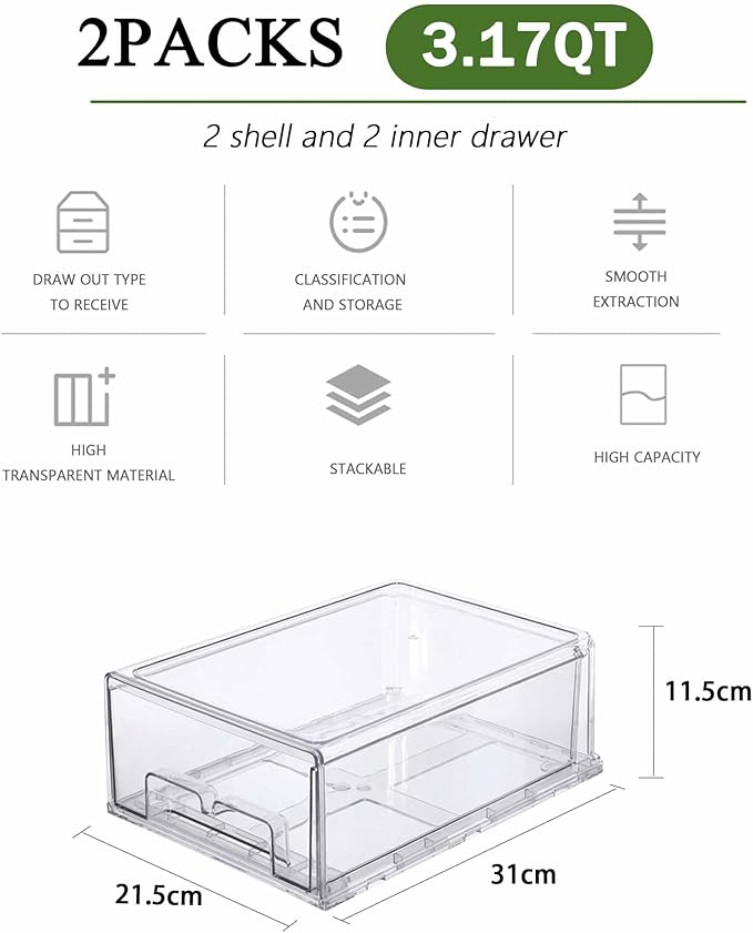 bealy 2 Pack Stackable Clear Storage Drawer,Clear Refrigerator Organizers and Storage Drawer, Pull Out Drawer for Fridge Kitchen Bathroom Cabinet Closet Office Organizer