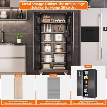 Aobabo Garage Storage Cabinet with Door Pegboard,Lockable Metal Storage Cabinet with 5 Adjustable Shelves for Garage Home,Required Assembly,Black