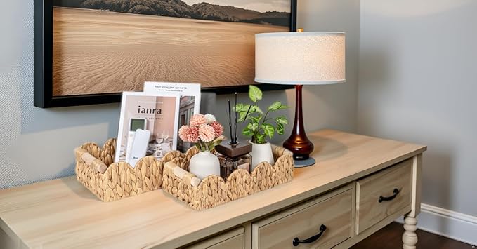 Decorative Toilet Paper Storage Basket, Modern Farmhouse Home Decor Scalloped Basket for Organizing, Pantry Baskets for Shelves, Countertop, Living Room, w/Wood Handles, Natural, 2 Sizes