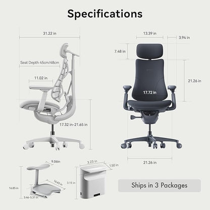 LiberNovo Dynamic Ergonomic Desk Chair + StepSync Footrest + Extra Battery Bundle - Comfy Home Office Chair with Adaptive Lumbar Support, 160° Recline & Built-in Spine Stretch, Gray+45cm