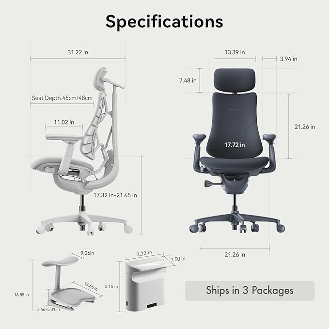 LiberNovo Dynamic Ergonomic Desk Chair + StepSync Footrest + Extra Battery Bundle - Comfy Home Office Chair with Adaptive Lumbar Support, 160° Recline & Built-in Spine Stretch, Gray+48cm