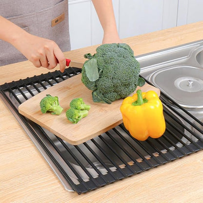 Roll Up Dish Drying Rack Over The Sink.Foldable Kitchen Drainer,Fully Silicone Cover Stainless Steel Bar,Heat-Resistant, Anti-Slip Sink Rack for Kitchen Counter Black,20.5 x 13 Inch