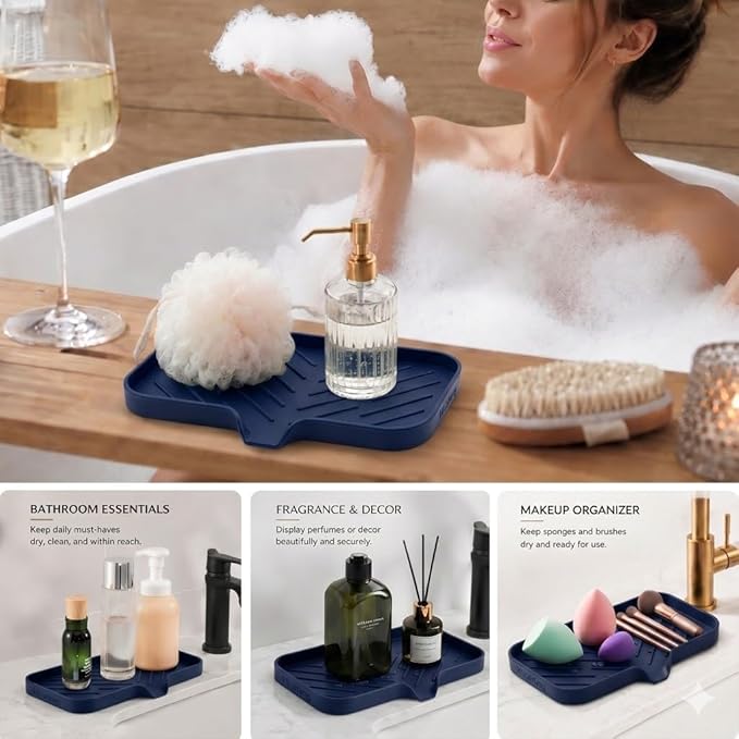 MicoYang Silicone Soap Dish with Drain Spout — Self-Draining Sink Organizer Tray for Bathroom & Kitchen, Sponges, Dispensers & Soap Holder, Non-Slip & Dishwasher Safe, Navy Blue (Medium, 9.6"×5.3")