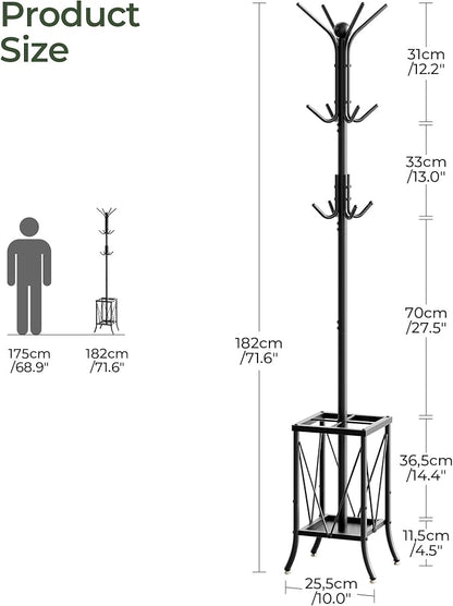 CHOEZON Coat Rack Freestanding, Coat Rack with Umbrella Holder, Entryway Hanger Stand with12 Hooks, Metal Hall Tree for Bags, Coats, Hats, Entryway, Hallway, Living Room, Bedroom, Office Black TYM01BB
