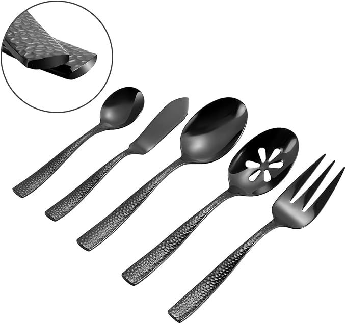 Kelenfer Silverware 65-Piece Black Hammered Flatware Set with Serving Utensils Stainless Steel Thick Handle Mirror Polished Cutlery Set for Wedding Hotel Restaurant, Service for 12