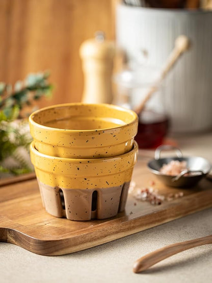 Gomakren Ceramic Fruit Basket Set of 2, Round Fruit Bowls with Holes, Fruit Storage Containers for Fridge, Rustic Berry Basket for Kitchen, Berries, Strawberry, Grape, Cherry, Yellow + Brown