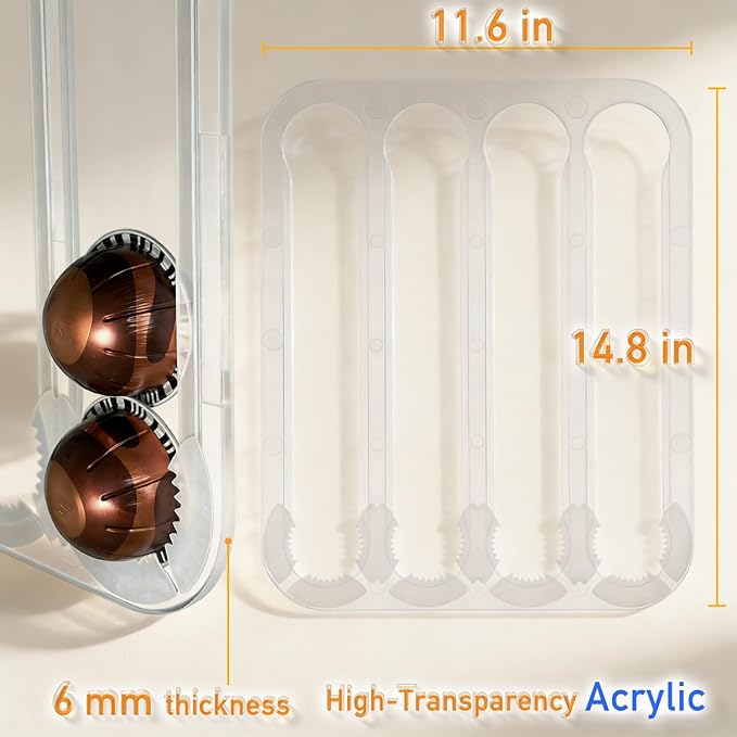 Nespresso Vertuo Pods Holder Wall Mounted, Side Mount Coffee Pod Organizer Storage Rack Holds up to 24 Espresso Capsules in 4 Rails, Clear Acrylic, Save Space, 14.8x11.6x0.25 Inches