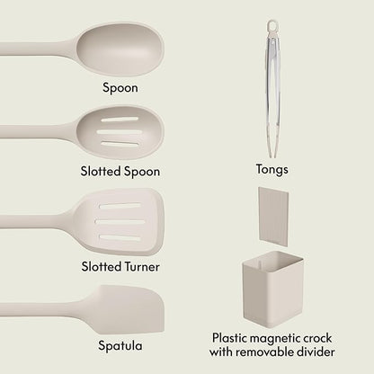 bella 6-Piece Modular Tool Set, Silicone, Turner, Spoon, Slotted Spoon, Spatula, Tongs, Crock with removable divider, Non-toxic*, Food-grade, Heat safe to 425°F, Dishwasher Safe, Slate