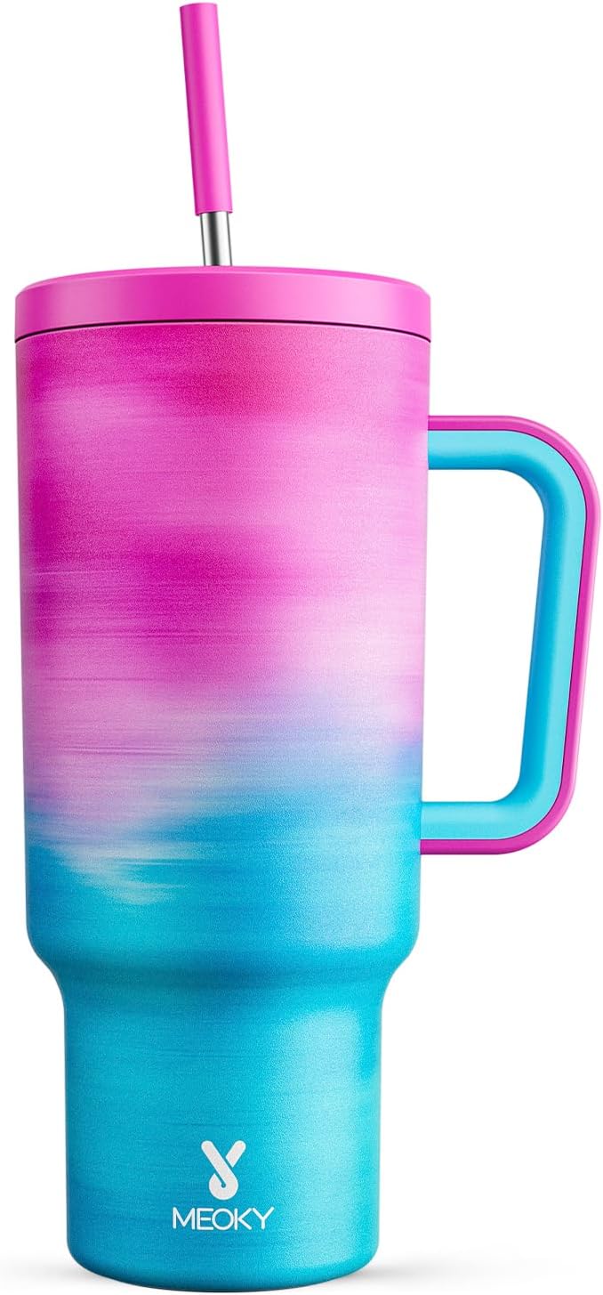 Meoky 40 oz Tumbler with Handle and Straw, Tumbler with Lid and Straw, Insulated Stainless Steel Travel Mug, 100% Leak-proof, Keeps Cold for 34 Hours or Hot for 10 Hours (Marshmallow)