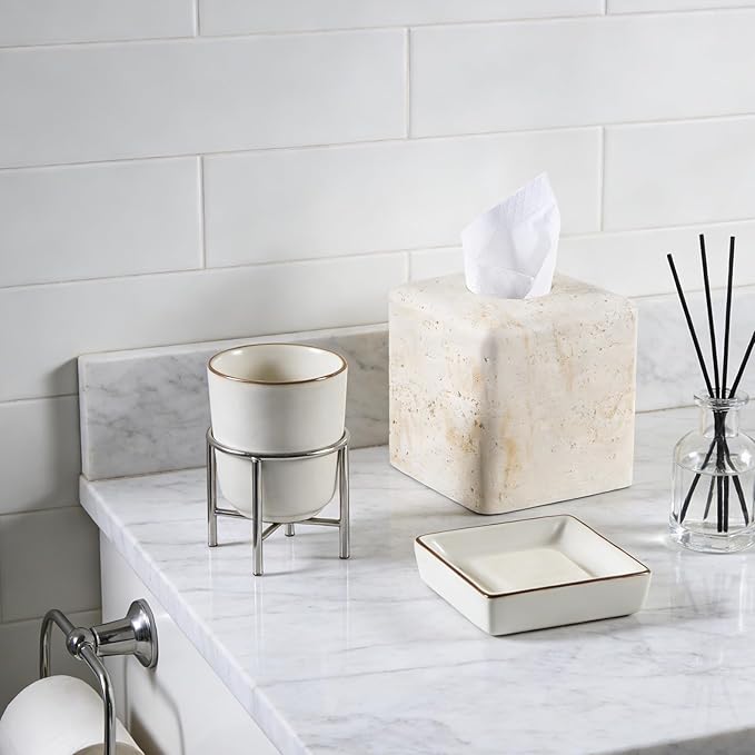 Natural Travertine Tissue Box Cover – Modern Resin Cube Holder for Bathroom, Bedroom, Office – Decorative Square Tissue Box for Countertop, Nightstand, Vanity & Desk – Heavy&Sturdy