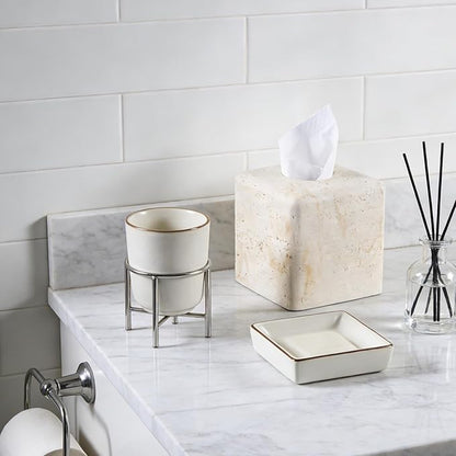 Natural Travertine Tissue Box Cover – Modern Resin Cube Holder for Bathroom, Bedroom, Office – Decorative Square Tissue Box for Countertop, Nightstand, Vanity & Desk – Heavy&Sturdy
