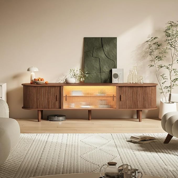 70" Fluted TV Stand with LED Lights for TVs up to 75 Inch, Mid Century Modern Entertainment Center with Sliding Doors & Glass Shelf, TV Console Table Media Console for Living Room, Walnut
