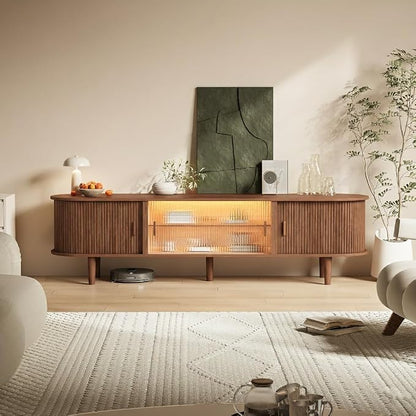 70" Fluted TV Stand with LED Lights for TVs up to 75 Inch, Mid Century Modern Entertainment Center with Sliding Doors & Glass Shelf, TV Console Table Media Console for Living Room, Walnut