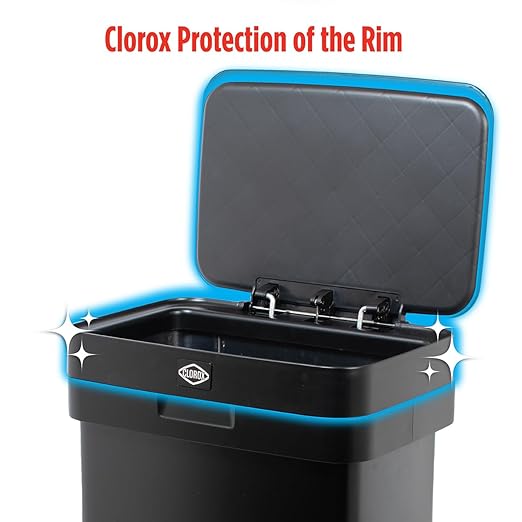 Clorox 13 Gallon Trash Can - 50L Kitchen Trash Can with Wide Step Pedal - Rectangular Black Stainless Garbage Bin with Hinged Rim and Odor Protection