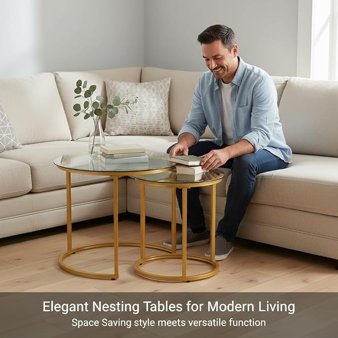 Round Nesting Coffee Table Set of 2, Modern Glass Nesting Tables, Stacking Minimalist End Table for Living Room Bedroom Small Space, Clear Tempered Glass and Gold