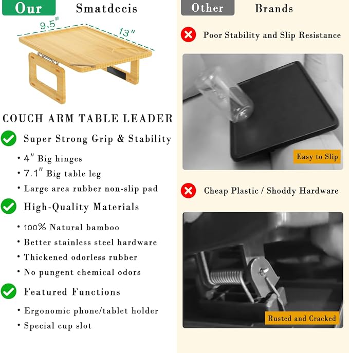 Smatdecis Couch Arm Tray Table Sofa Arm Clip Table, Armrest Tray Table Suitable for Home Drinks/Fast Food/Fruit Etc, Large Size Multi-Function Natural