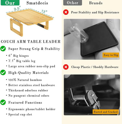 Smatdecis Couch Arm Tray Table Sofa Arm Clip Table, Armrest Tray Table Suitable for Home Drinks/Fast Food/Fruit Etc, Large Size Multi-Function Natural
