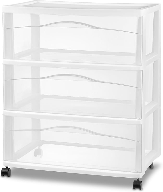 Sterilite 3 Pack Wide 3 Drawer Storage Cart, Plastic Organizer with Wheels, White - Multipurpose Bin for Clothes, Accessories, or Home Accessories