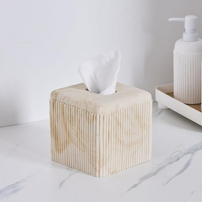 Natural Travertine Texture Striped Square Tissue Box Cover Decorative,Resin Heavy Sturdy Tissue Box Holder, Facial Paper Holder for Bathroom Vanity Countertop, Bedroom Night Stand,Office and End Table