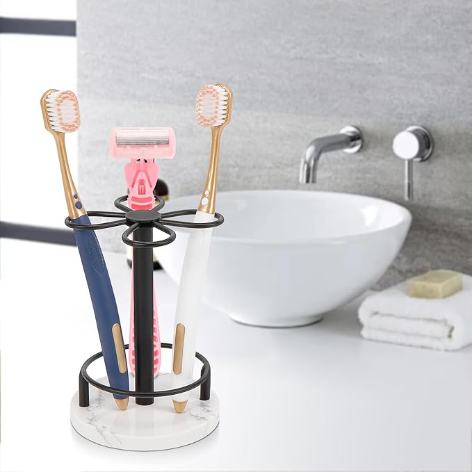 Toothbrush Holder Stand for Bathroom, Metal Toothbrush Organizer with Marble Base, Toothbrush Storage Collection for Family, Suitable for Home Hotel Countertop Vanity (Small, Matte Black)